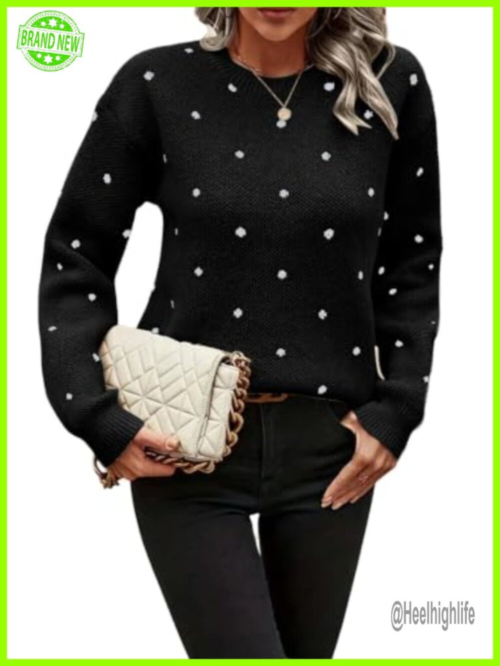 Polka Dot Crewneck Pullover Sweater Long Sleeve Ribbed Hem Knit